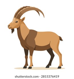 A side view vector illustration of an ibex or mountain goat with long curved horns standing on a plain background