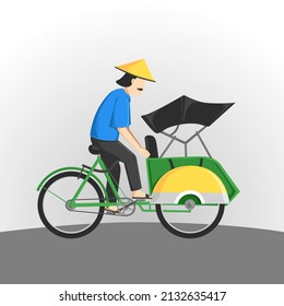 side view vector illustration of a pedicab with its driver. becak, a traditional three-wheeled transportation in Indonesia
