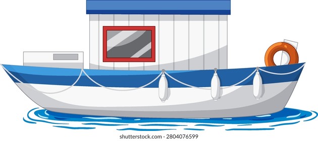 A side view vector illustration of a small fishing boat floating on blue water waves.