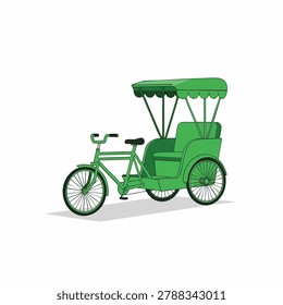 A side view vector illustration of a vintage green cycle rickshaw with a canopy isolated on a white background.