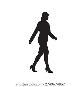 Side view vector silhouette of professional woman walking forward. Corporate lady in skirt suit and heels moving with purpose. Graphic representation of career advancement and busy lifestyle. Black and white minimalist illustration of female worker in motion. Confident stride for business use.