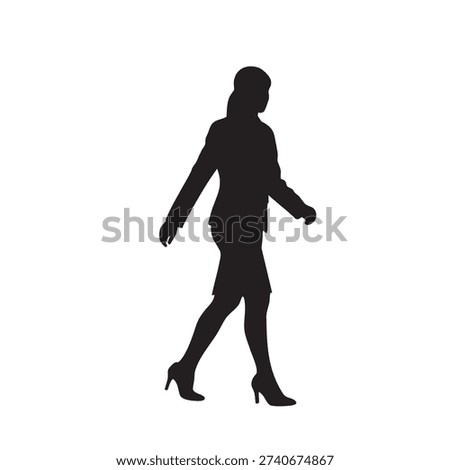 Side view vector silhouette of professional woman walking forward. Corporate lady in skirt suit and heels moving with purpose. Graphic representation of career advancement and busy lifestyle. Black and white minimalist illustration of female worker in motion. Confident stride for business use.