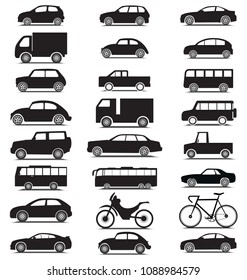 Side view vehicle collection with car, van, bus, lorry, bicycle, truck silhouette icons