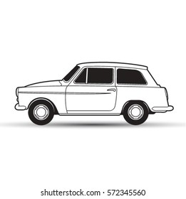 side view of vintage old car in black outline-vector drawing