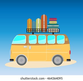 Side view of Vintage Passenger van car with bag on roof