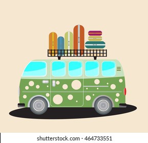 Side view of Vintage Passenger van car with bag on roof
