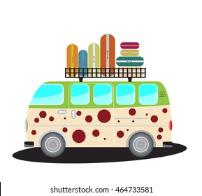 Side view of Vintage Passenger van car with bag on roof