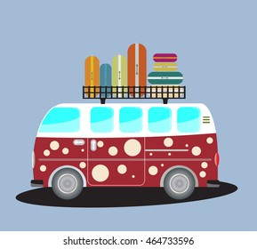 Side view of Vintage Passenger van car with bag on roof