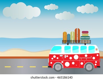 Side view of Vintage Passenger van car with Seascape background