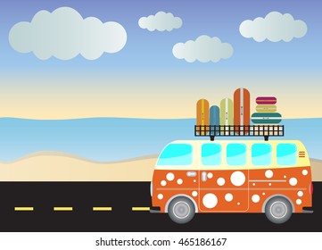 Side view of Vintage Passenger van car with Seascape background