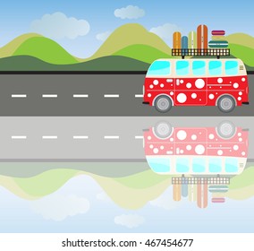 Side view of Vintage Passenger van car with Mountain background