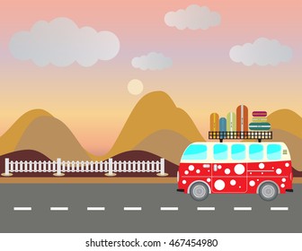 Side view of Vintage Passenger van car with Mountain background