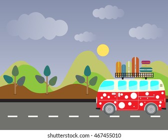 Side view of Vintage Passenger van car with Mountain background