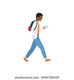 Side view of walking student character looking at phone. Student boy using smartphone flat vector illustration