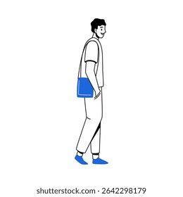 Side view of walking young boy personage wearing casual clothes and bag on shoulder. Vector isolated youth or student movement, human body in motion. Sketch of sporty teenager guy with tote