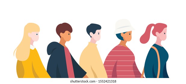 Vista lateral de los jóvenes que caminan. ilustraciones de diseño vectorial de estilo dibujado a mano. 