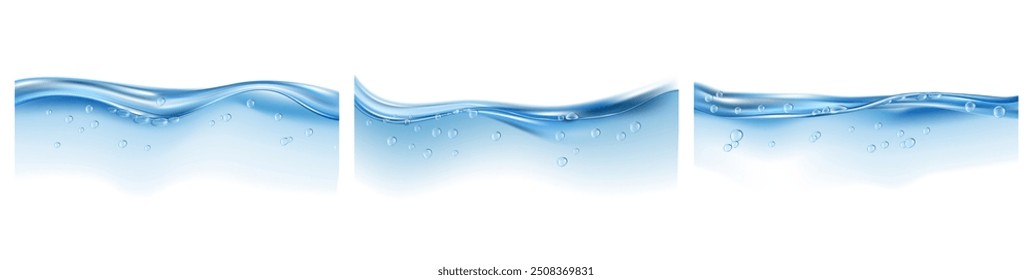 Side view of water in container, splashes and bubbles. Vector isolated set of realistic clear freshwater. Advertisement for fizzy soda, cosmetic product. Pool or sea, river or lake surface