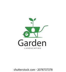 Side view wheelbarrow load a plant gardening landscaping logo icon sign design concept. Vector illustration