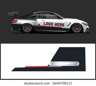 Side view of a white and black racing car with a customizable logo space, perfect for branding and design projects.