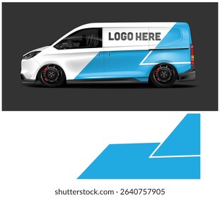 Side view of a white and blue delivery van with a modern design, perfect for branding and advertising.
