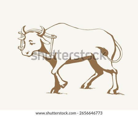 Side view white breed calf pet go dairy beef meat ranch natur labor. black outline hand drawn old hoof horn beast head rein bridle strap collar draft retro bible cartoon line sketch art logo sign icon