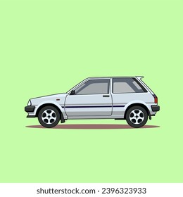 Side view of white color retro hatchback car in flat design