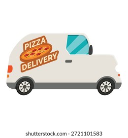 Vista lateral de una camioneta de reparto blanca que entrega pizza con una Imagen de pizza y texto en su lado