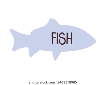 Side view of whole bonito, sea food, seafood in flat style, raw fish, top view fish silhouette with fish written on it isolated on white background flat vector illustration.