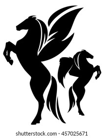 side view winged horses vector silhouettes - black and white pegasus profile design