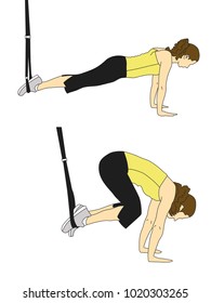 Side view of woman doing TRX tuck knee and pike exercises with a rope isolated on white. Colored vector illustration.