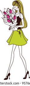 side view of woman holding bouquet