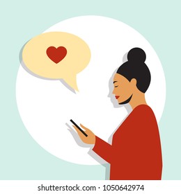 Side View of a Woman Holding Smartphone with Like. Vector Illustration. Isolated