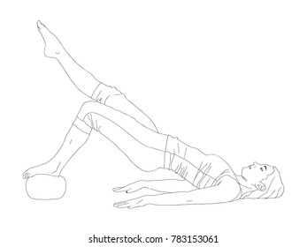 Side view of woman lying and exercising with ball while doing pilates isolated on white. Linear vector illustration.