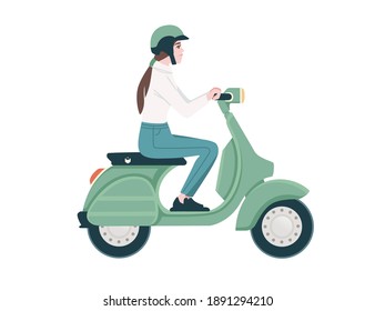 Side view of woman riding green retro scooter cartoon character design flat vector illustration isolated on white background