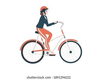Side view of woman riding red bicycle cartoon character design flat vector illustration isolated on white background
