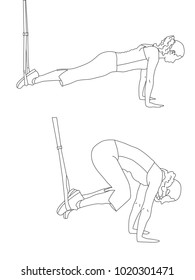 Side view of woman silhouette doing TRX tuck knee and pike exercises with a rope isolated on white. Linear vector illustration.
