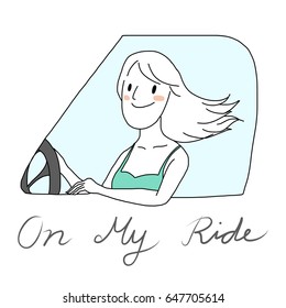 Side view of woman sitting in driver's seat of car and leaning out of open window. One arm hanging out car window and one hand holding on steering wheel. Vector illustration with hand-drawn style.