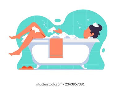 Side view, Woman sleep relaxing shower in bathtub, Vector illustration.