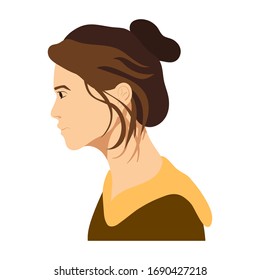 Side view of a woman with sloppy hair. The girl is very exhausted and tired of work but looks and believes in a bright future. Feminism, equality, women's rights vector flat cartoon illustration.