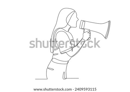 Side view of a woman speaking up. Speak up one-line drawing