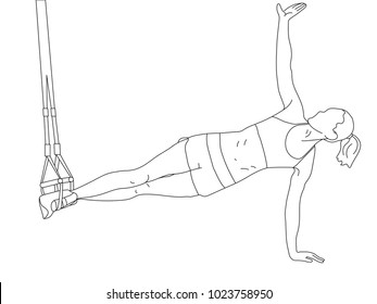 Side view of woman standing in side plank while doing trx exercises with a rope isolated on white. Linear vector illustration.