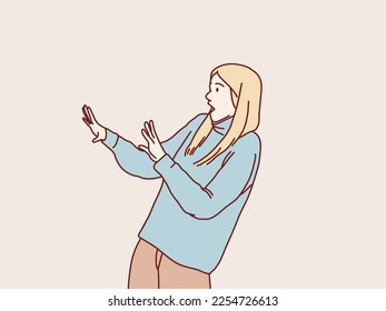 Side view woman stretching hands show no stop gesture refuse simple korean style illustration