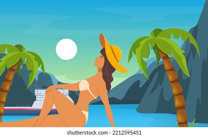 Side View Of Woman Sunbathing At Seaside. Girl In Bikini And Straw Hat Relaxing At Sea Beach Luxury Resort. Seashore Landscape With Sea, Cruise Ship And Palm Trees Cartoon Vector