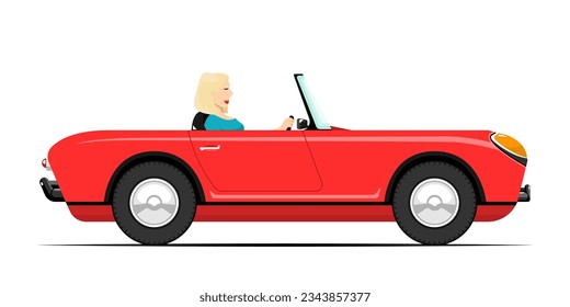 Side view, Woman tourist in classic car on isolated background, Vector illustration.