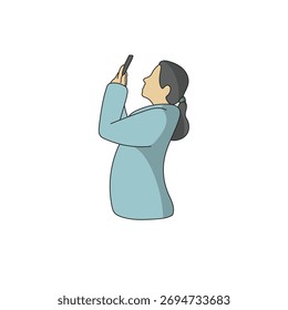 side view of woman using mobile phone illustration vector hand drawn with black lines
