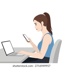 Vista lateral de la mujer que usa el teléfono inteligente mientras trabaja en la computadora portátil. Ilustración vectorial plana aislada sobre fondo blanco