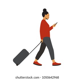 Side View of a Woman Walking Forward with Luggage and Smartphone. Vector Illustration. Isolated on White Background