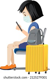 Side View Of Woman Wearing Mask Using Mobile Phone Illustration