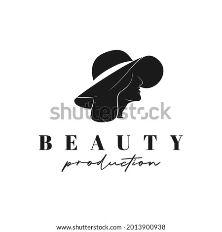 side view of woman's head in summer hat. beauty feminine silhouette logo design vector