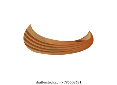 Side view wooden canoe isolated icon. Rafting, kayaking, paddling and canoeing outdoor activity. Extreme water sport, relaxation on river or lake, adventure by boat vector illustration.